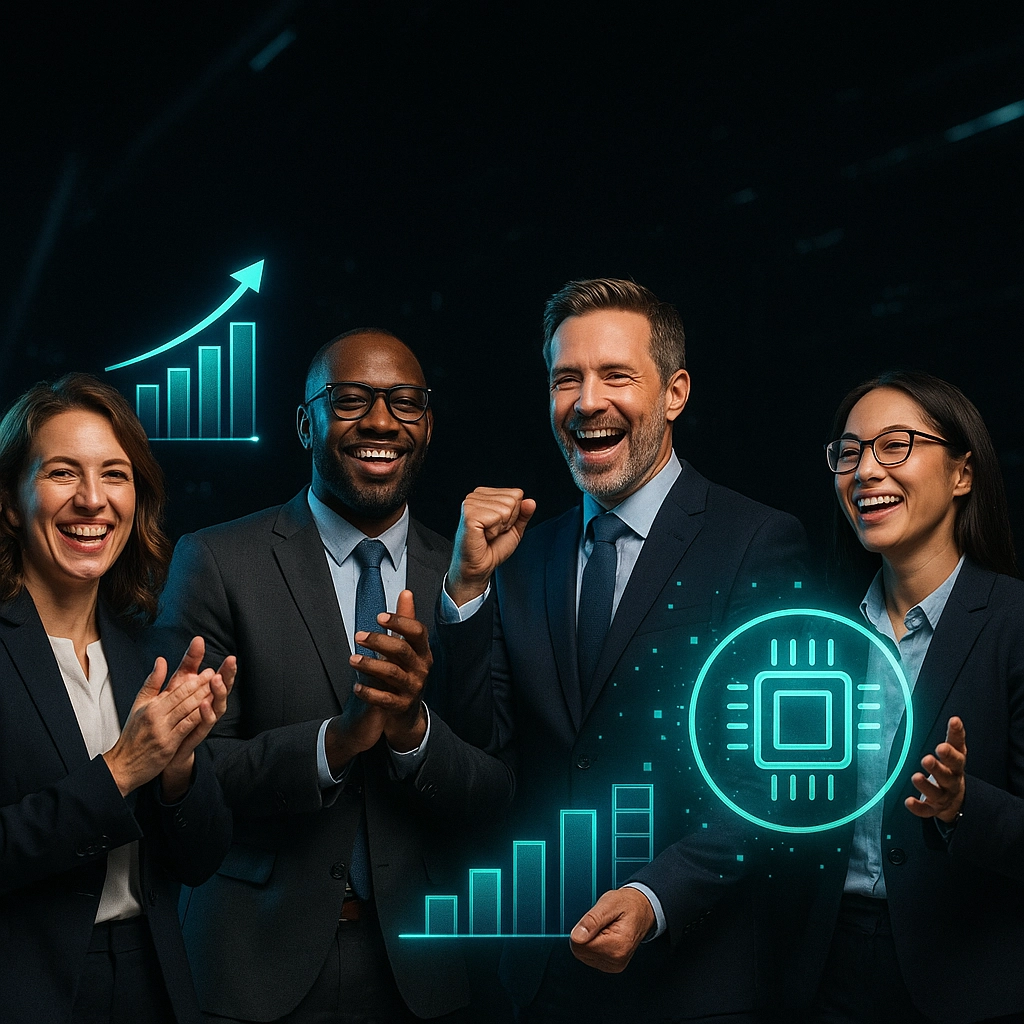 Equipo ejecutivo diverso, sonriente y vestido de traje, festeja el éxito de una transformación digital realizada por Malla; hologramas en azul turquesa muestran gráficos de crecimiento y un icono de microchip, sobre un fondo negro futurista, simbolizando innovación, liderazgo y resultados tangibles para empresas que buscan soluciones tecnológicas personalizadas.
