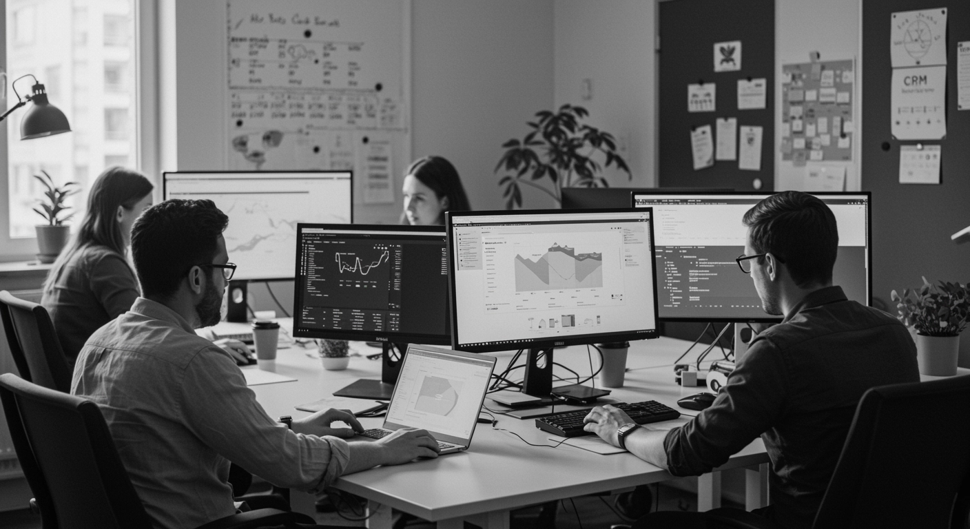 Iconos representando diversas herramientas digitales como CRM, ERP, soluciones en la nube y analítica avanzada, ideales para optimizar pequeñas empresas.